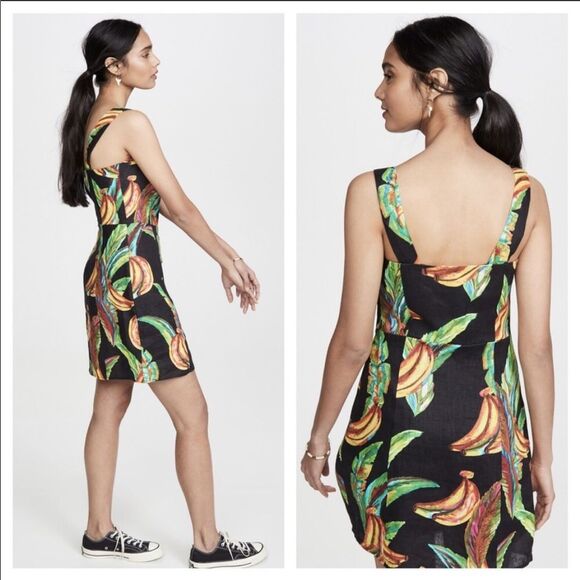 NWT FARM Rio Preta Black Bold Tropical Banana Print Square Neck Linen Mini Dress - Picture 6 of 11